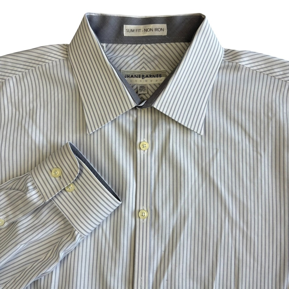 Jhane Barnes Slim Fit Striped Dress Shirt Mens 17.5 35 Gray White Vintage